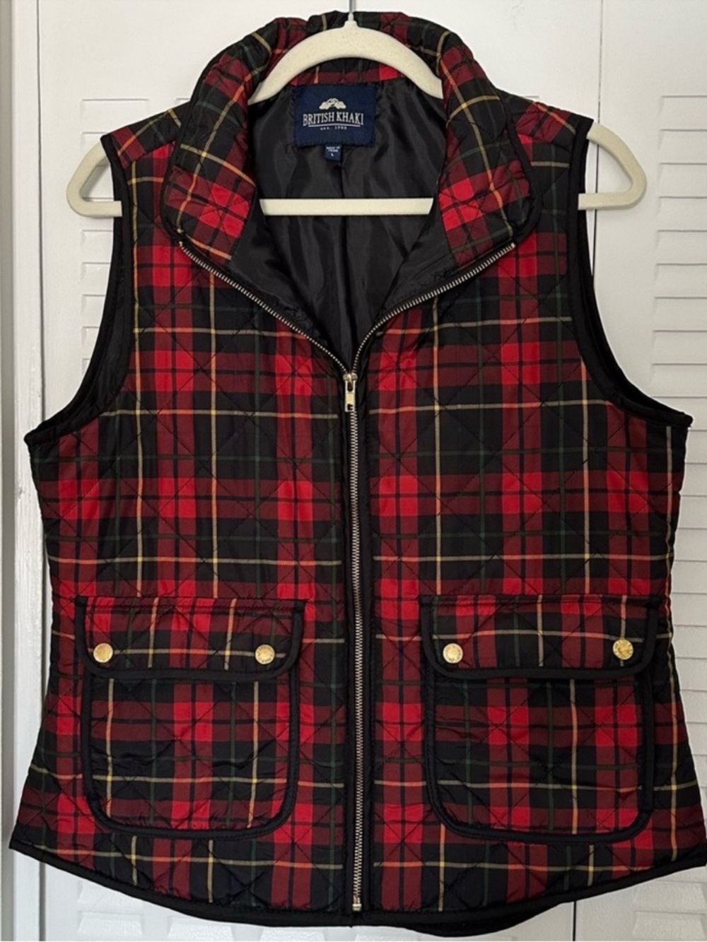 British Khaki Classic Preppy Red Tartan Plaid Puffer Vest, Size L